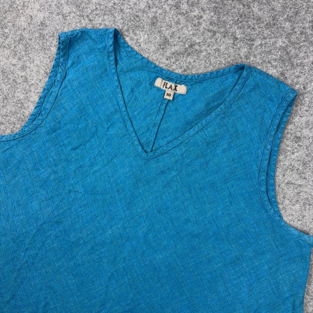 FLAX Linen Tank Top Womens 3G Blue Sleeveless V Neck Casual Boho Lithuania